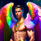 Colorful digital art: male figure with angel wings and butterflies on starry backdrop