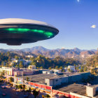 Large UFO and smaller flying object over sunny cityscape with hills