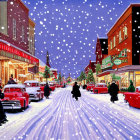 Snowy Twilight Street Scene with Vintage Red Cars and Pedestrians