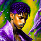 Colorful digital portrait with purple attire and hair against abstract background.