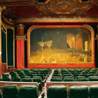 Luxurious theater interior with red seats, golden decor, and stage painting.