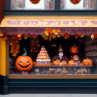 Festive Halloween-themed storefront with pumpkins and costumes