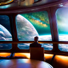 Person sitting in spaceship admiring planets, stars, and colorful nebula.