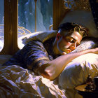 Young Man Sleeping in Cozy Bedroom with Moonlight