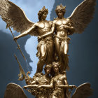 Intricate golden sculpture of three winged angels on blue background