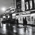 Monochrome night scene: neon signs, pedestrians, wet streets.