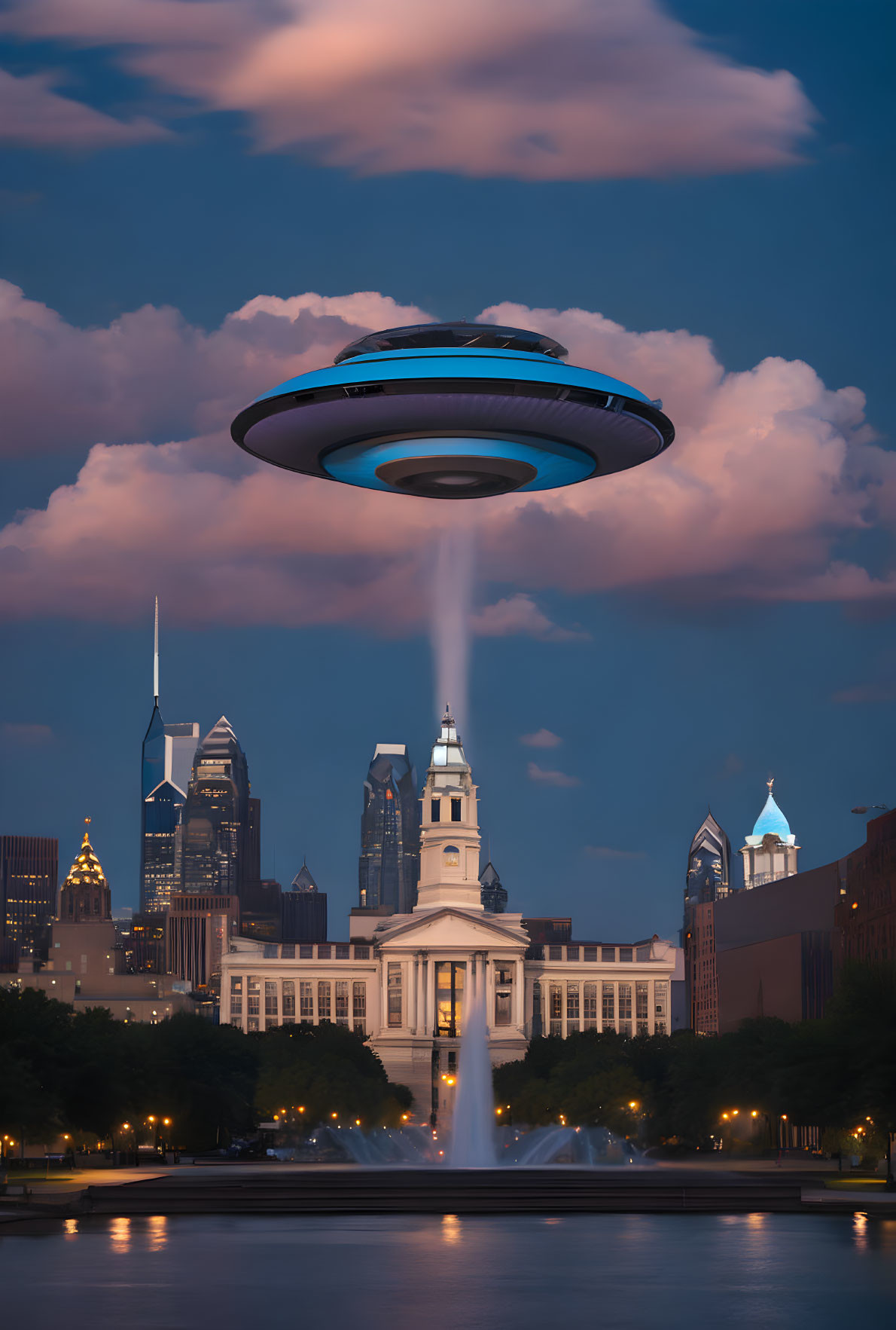 UFO emitting light over cityscape at dusk