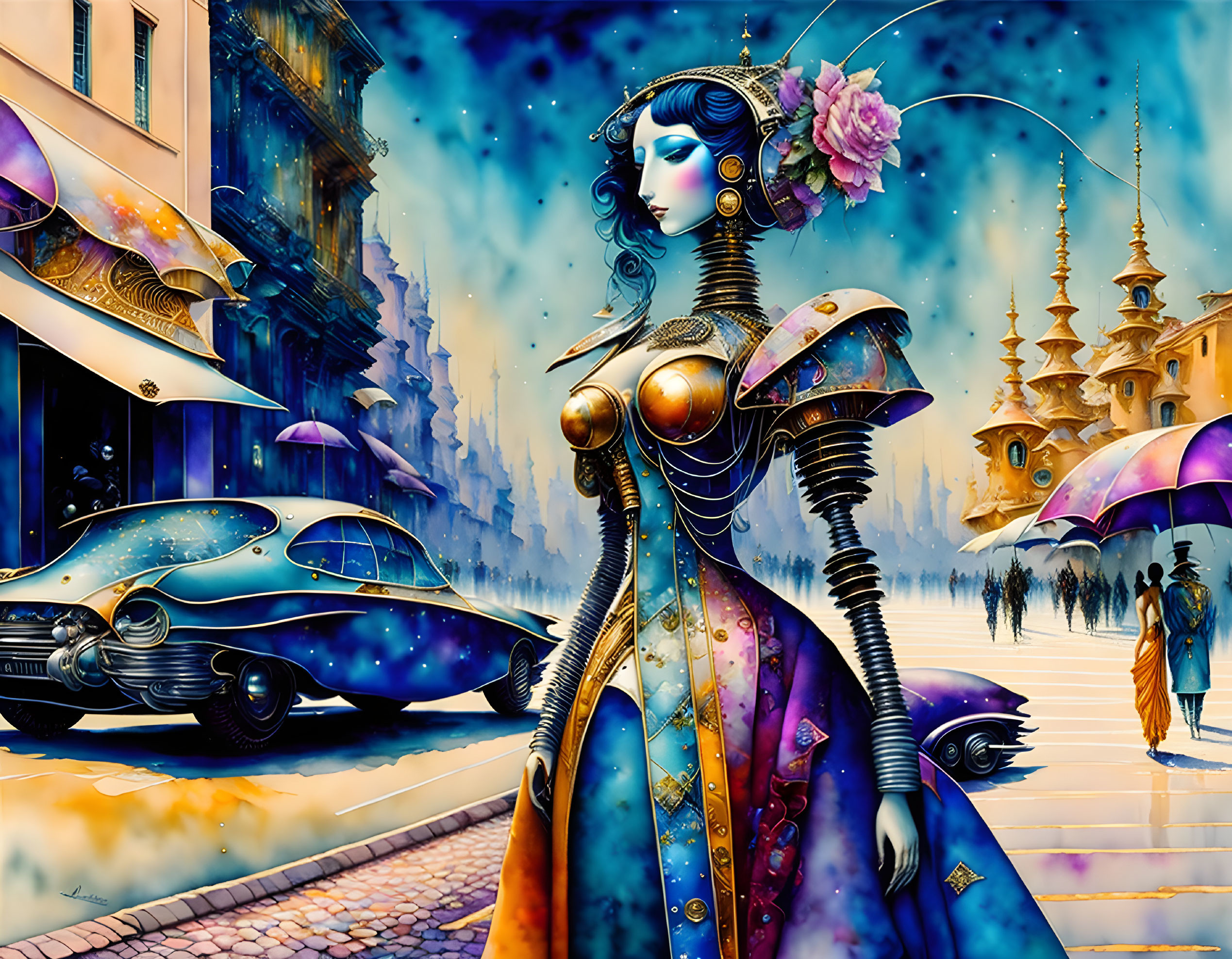 Stylized female figure in futuristic armor with retro-futuristic cityscape