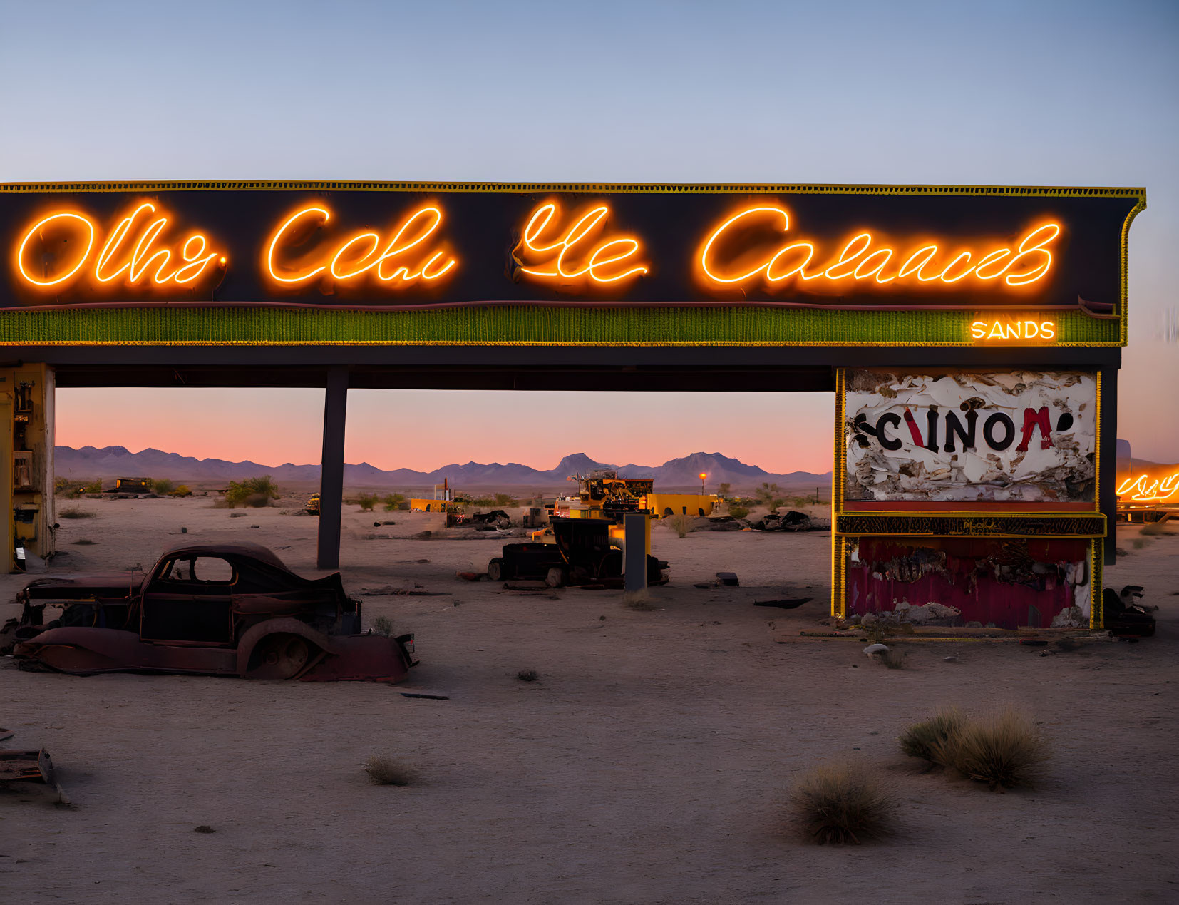 Abandoned Gas Station with Neon Lights and Rusty Car at Twilight