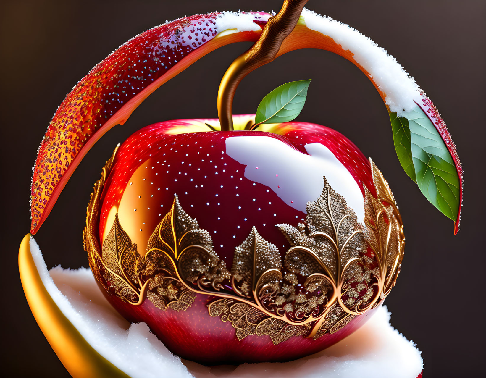 Red apple with gold ornate design and snow-covered leaf on dark background