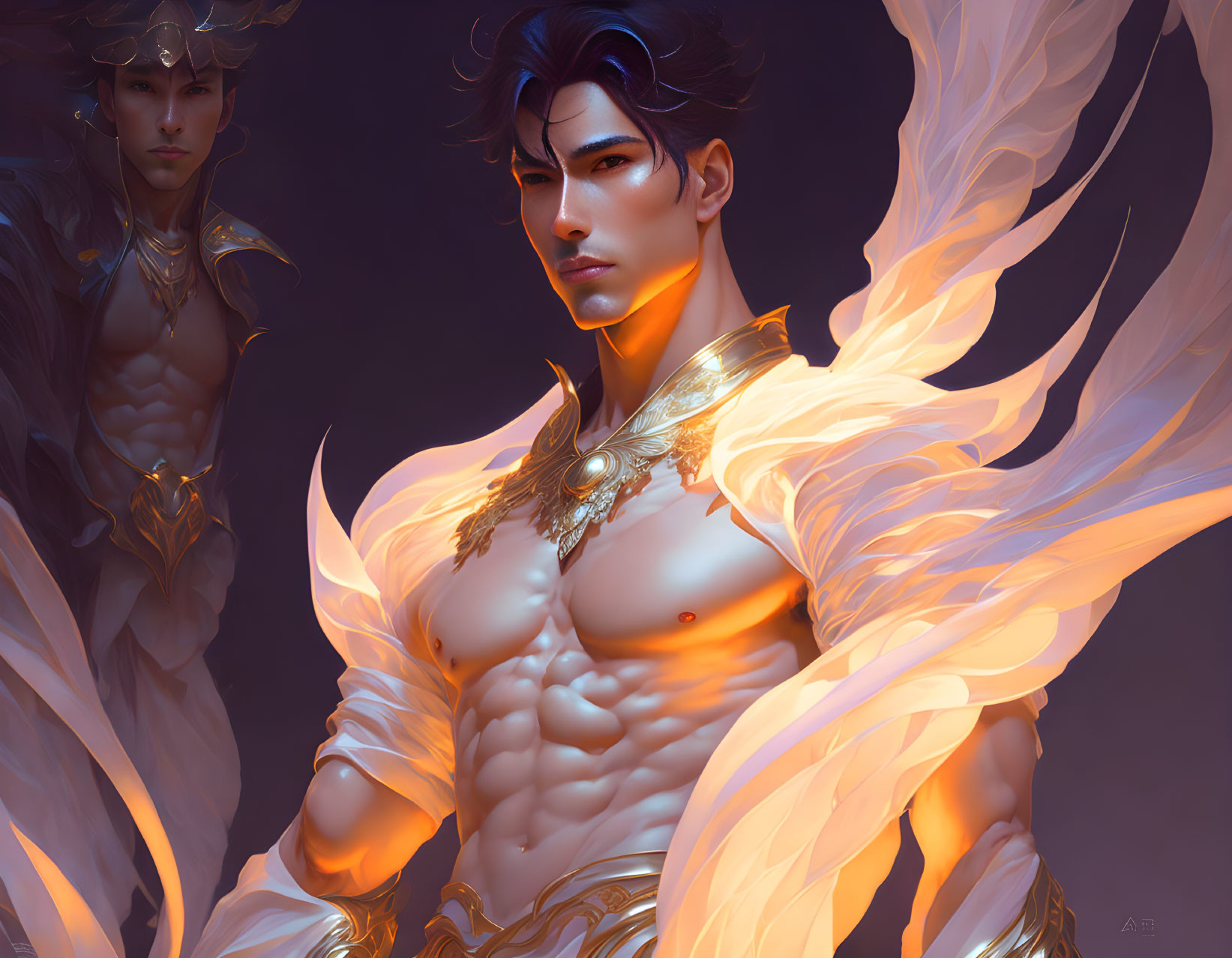 Two majestic male figures in golden armor with glowing wings in fantasy setting