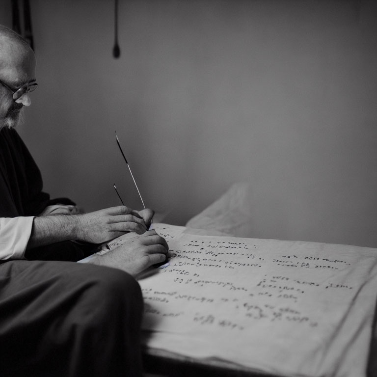 Seated person writing with quill on large paper sheet