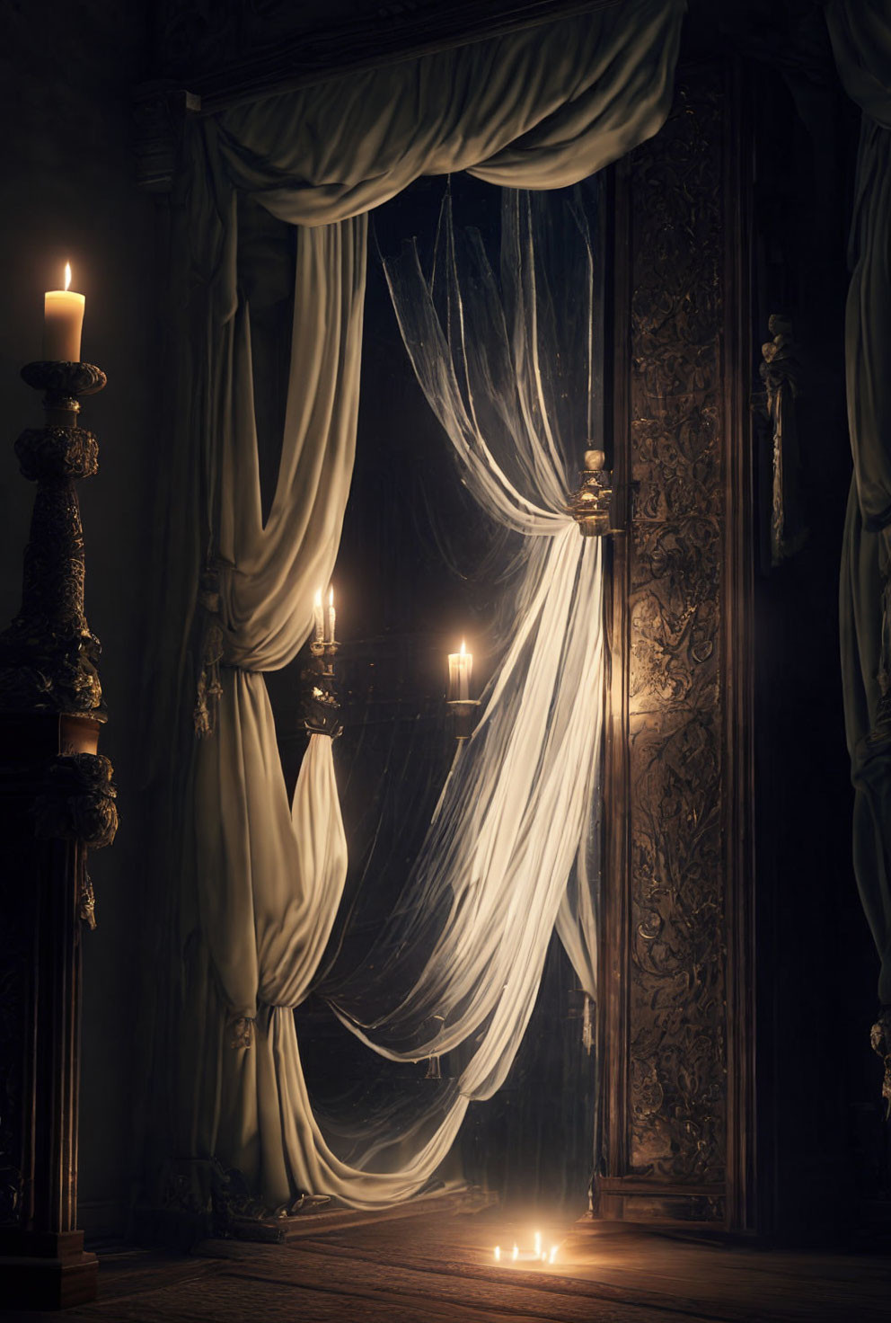 Sophisticated room with billowing translucent drapes, lit candles, and intricate wall designs