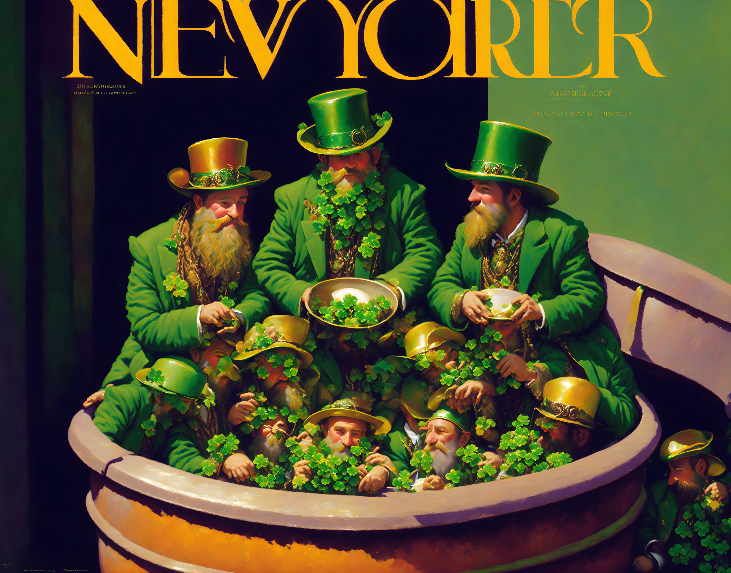 Leprechauns in Green Attire with Clovers on The New Yorker Cover