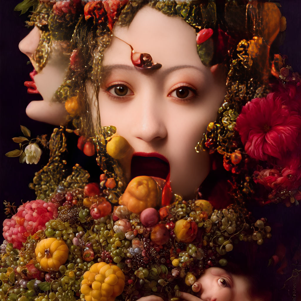 Person with fruits, flowers, and mirror reflection in surreal portrait