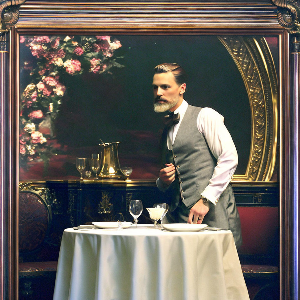 Man in Vintage Vest and Bow Tie Beside Table with Wine Glasses