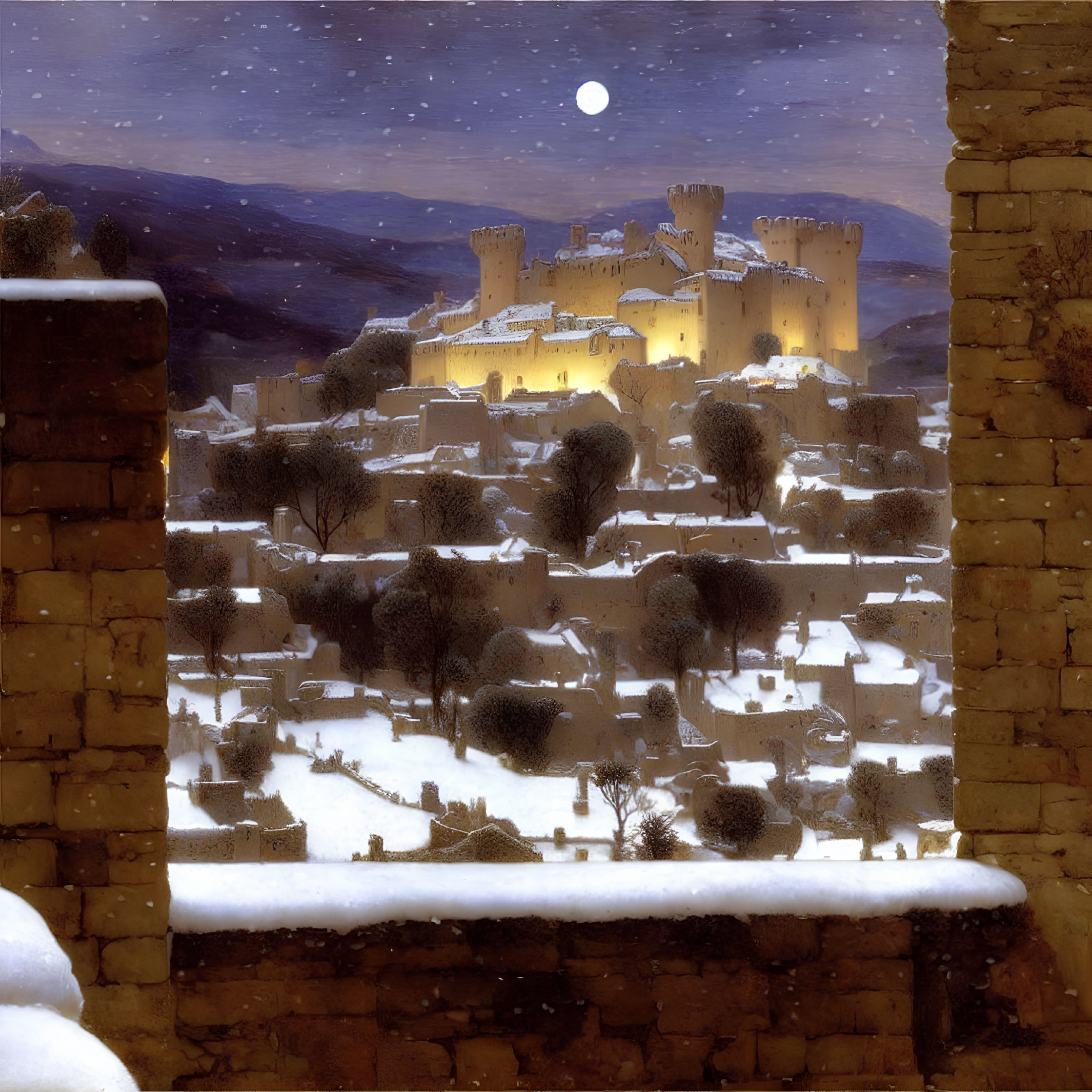 Snowy Medieval Village Night Scene with Illuminated Castle on Hill