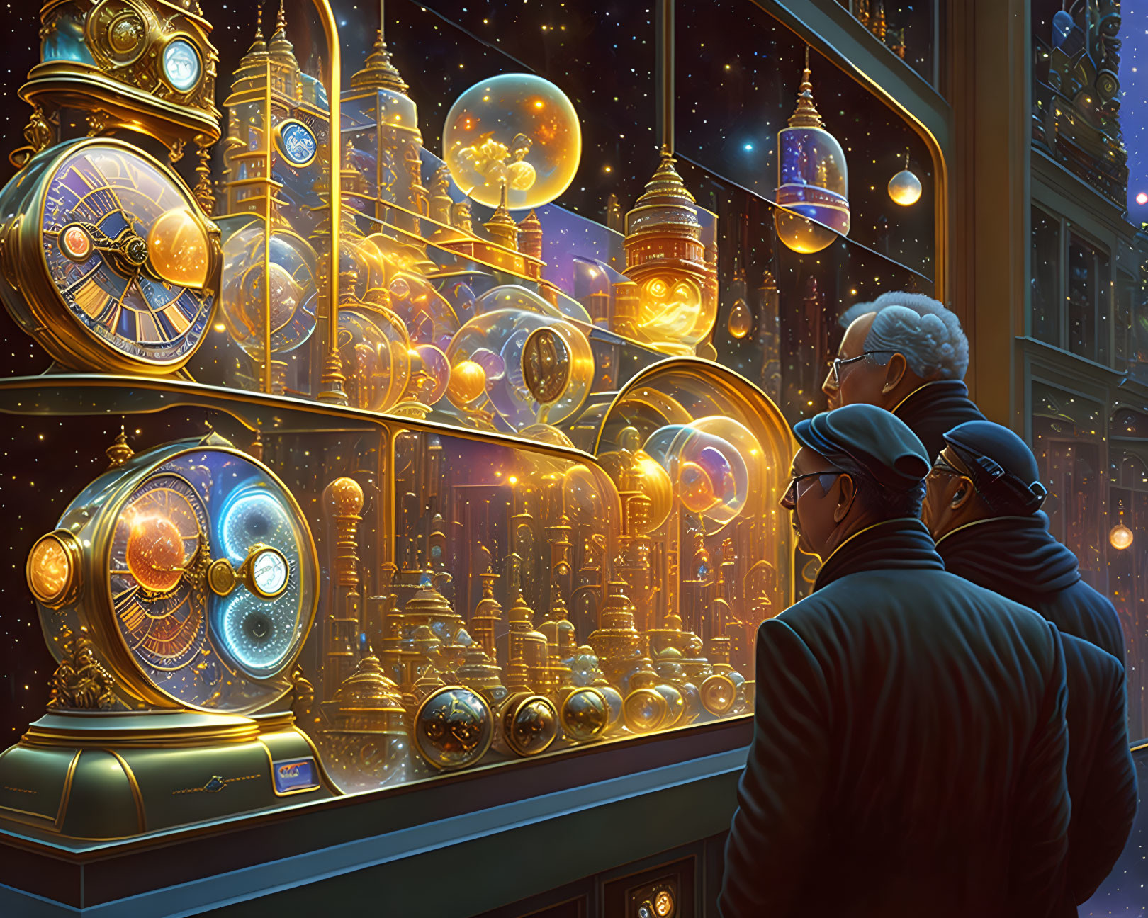 Individuals admire golden clocks and celestial orbs in a fantastical window display