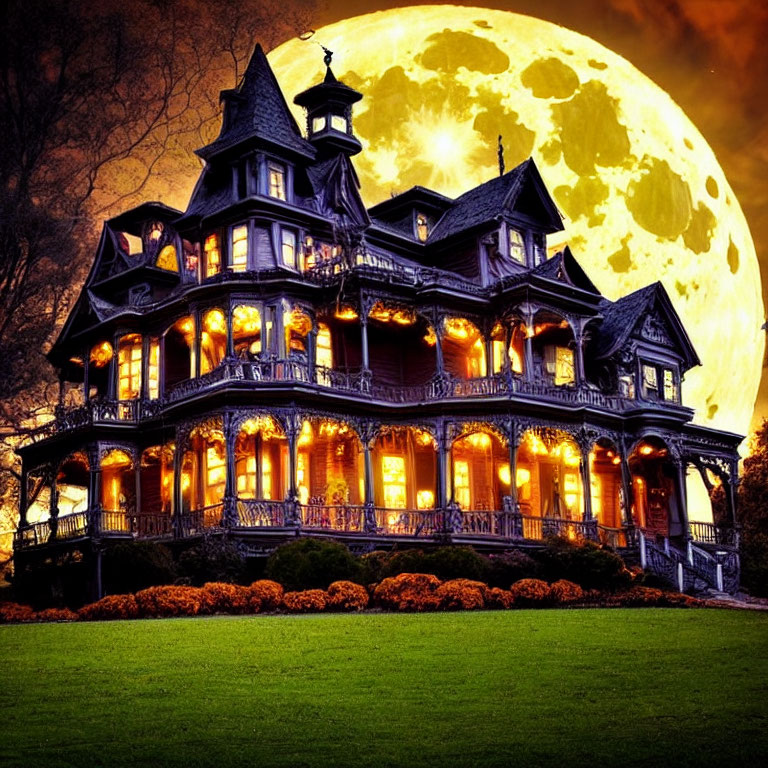 Victorian Mansion Night Scene with Full Moon and Autumn Trees