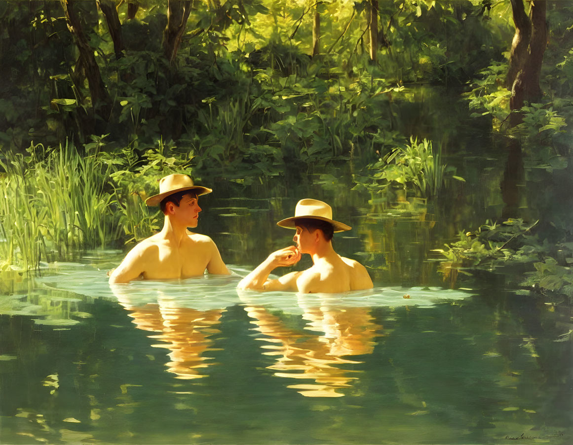 Two People in Straw Hats Standing in River Amid Greenery