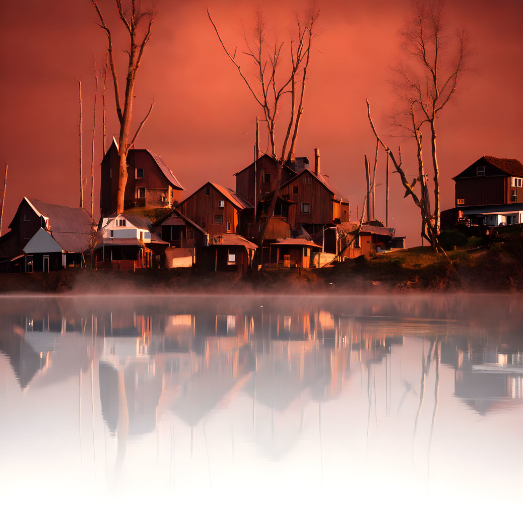 Tranquil lake scene with houses, trees, and red sky reflecting on water.