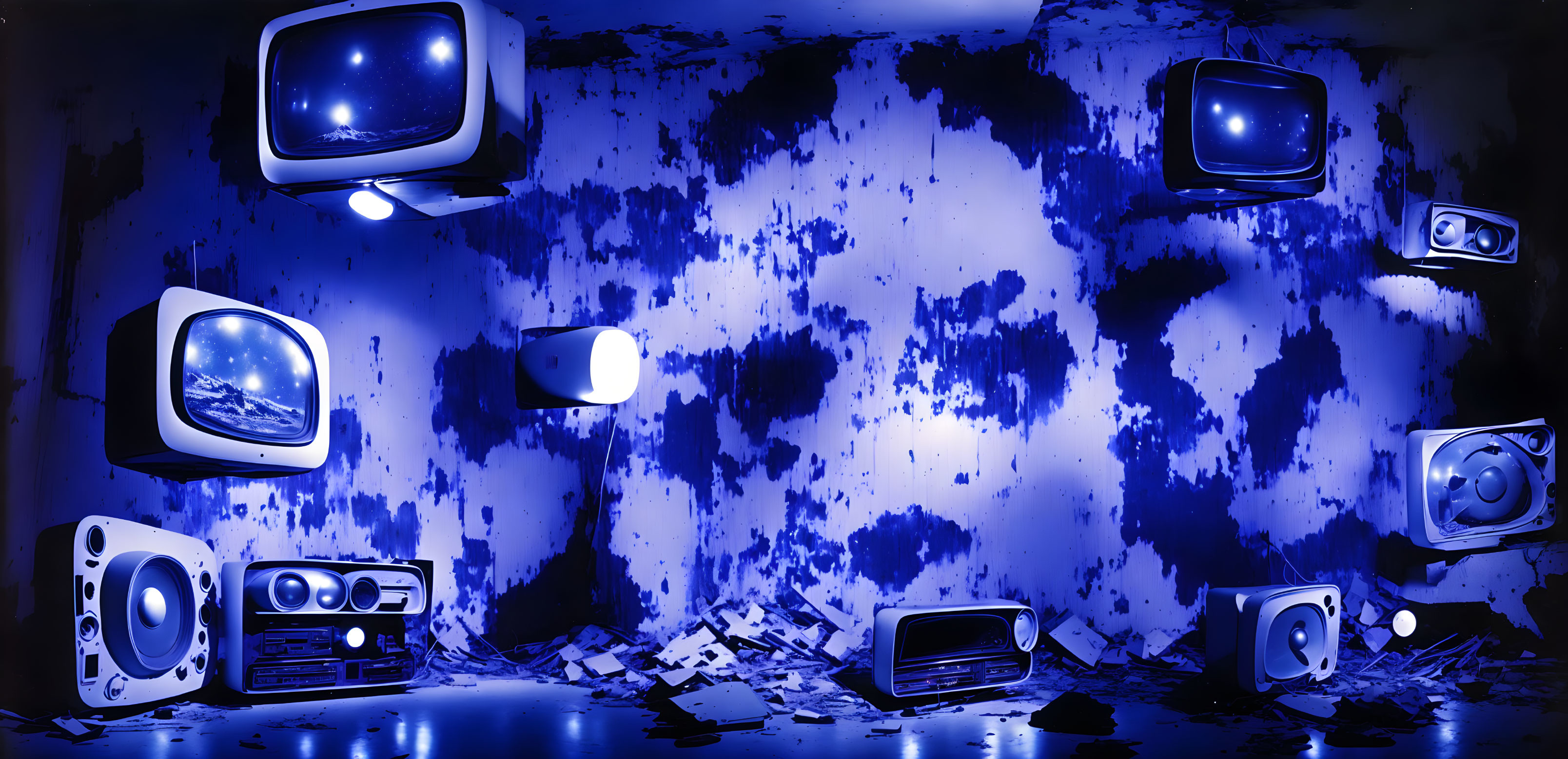 Vintage TVs and Speakers on Blue Splattered Wall Background