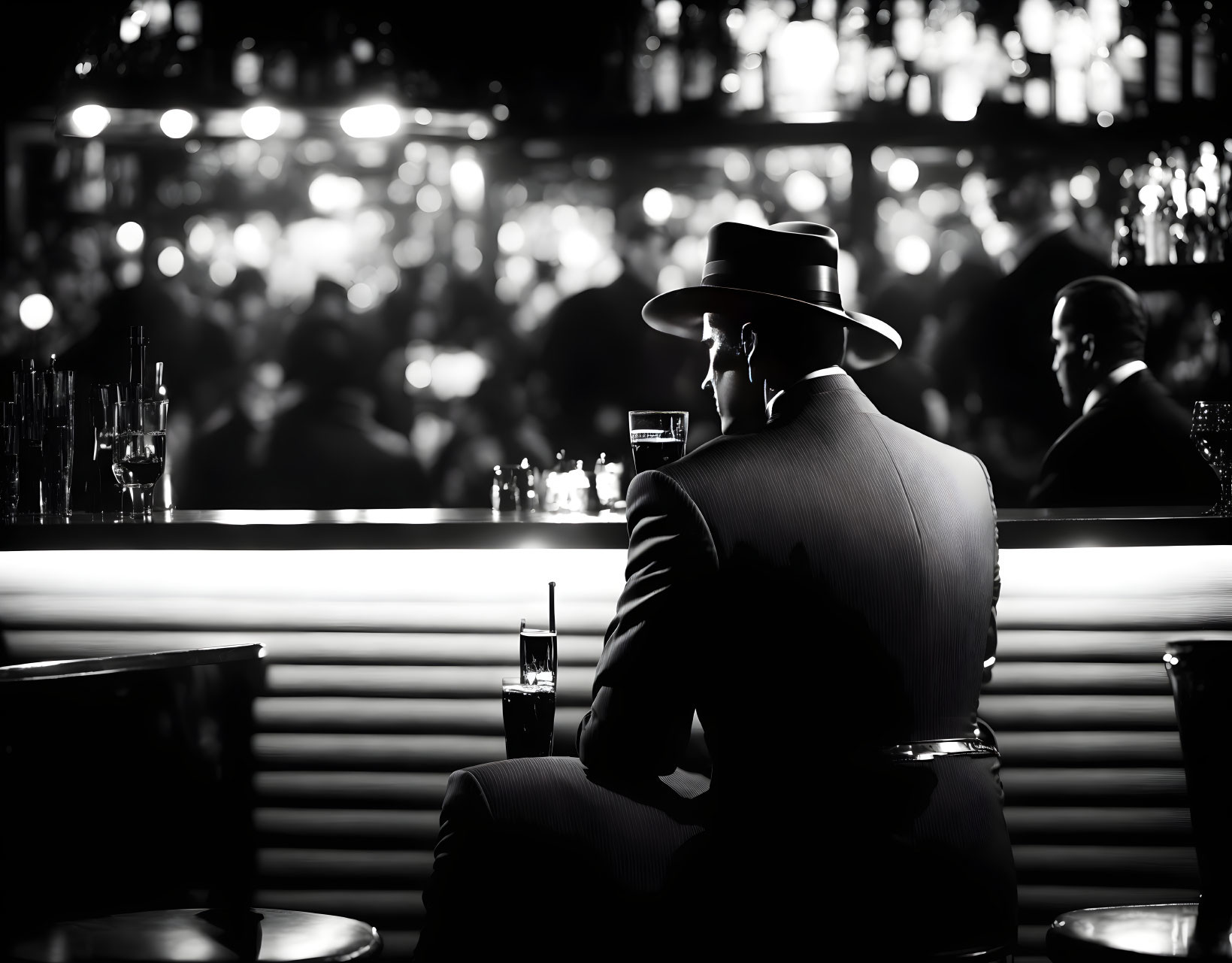 Monochrome image of stylish man at bar with drink and blurred lights