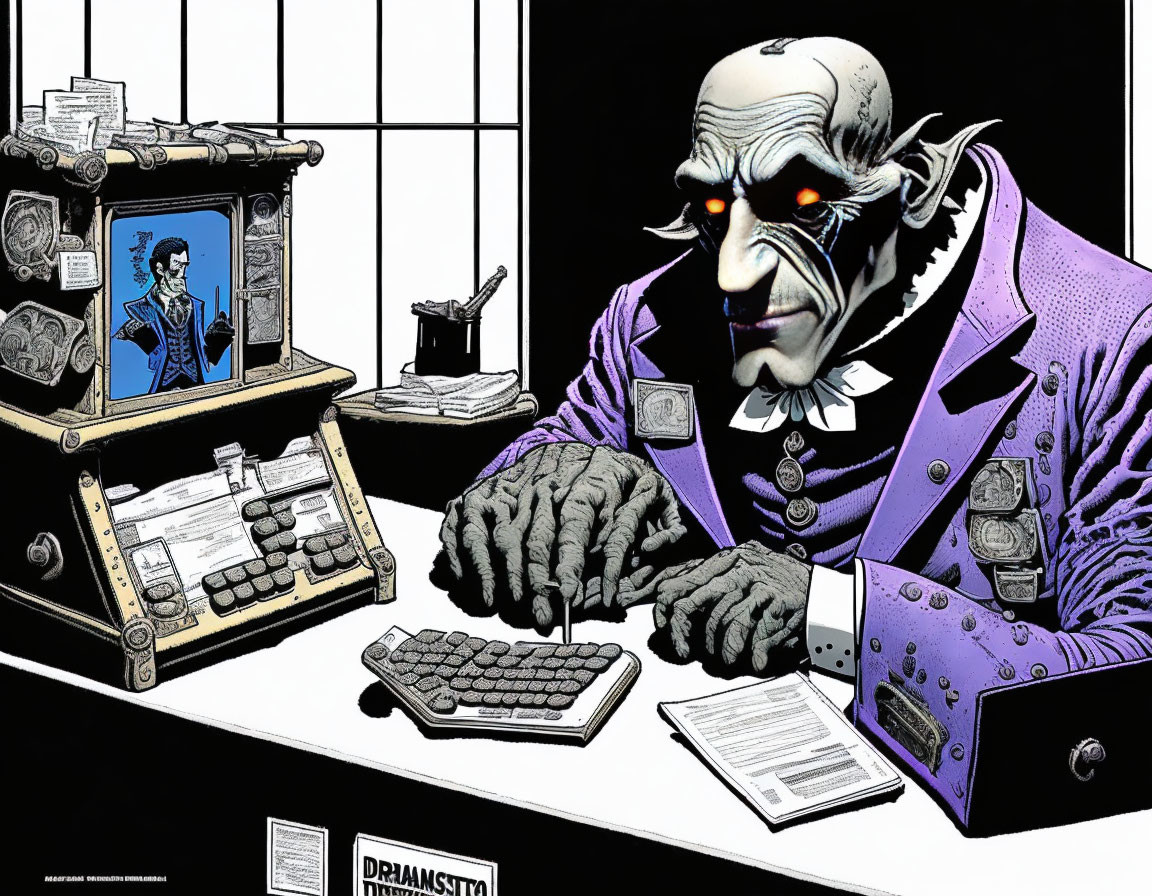 Sinister figure with red glowing eyes at old computer desk surrounded by artifacts and papers