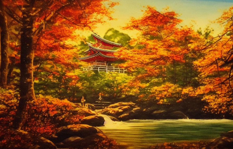 Traditional Japanese Pagoda Surrounded by Autumn Leaves and River Rocks