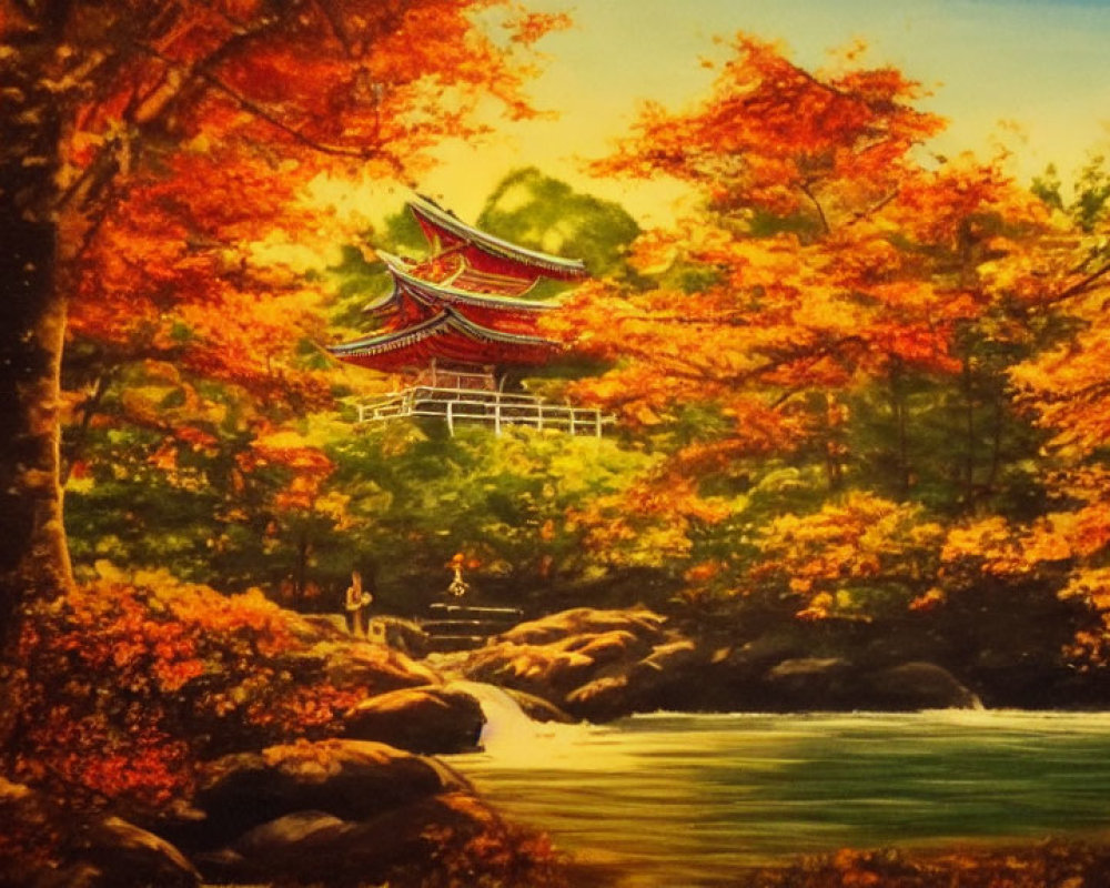 Traditional Japanese Pagoda Surrounded by Autumn Leaves and River Rocks