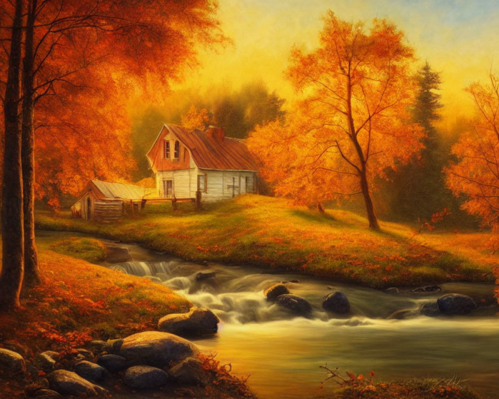 Rustic cabin in vibrant autumn landscape with stream