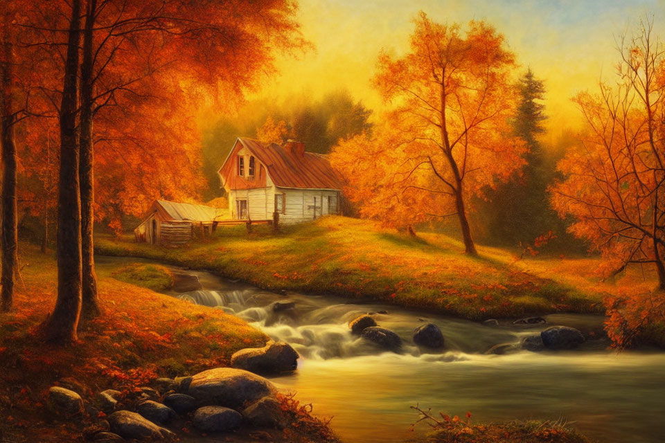 Rustic cabin in vibrant autumn landscape with stream