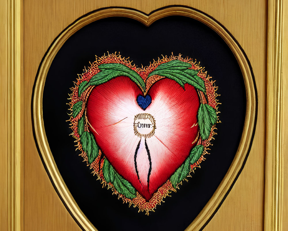 Embroidery-style heart symbol in golden frame with floral elements