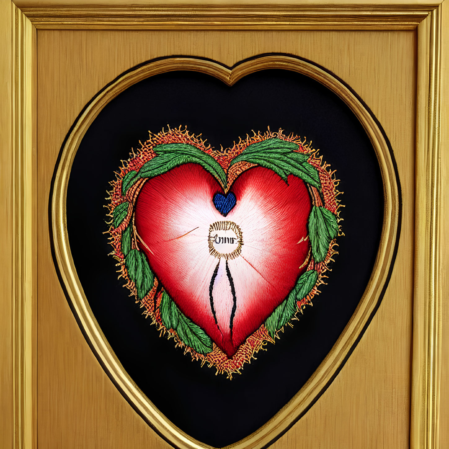 Embroidery-style heart symbol in golden frame with floral elements