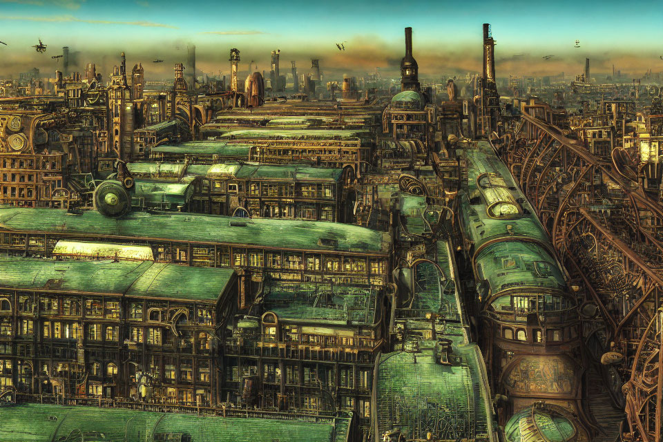 Detailed Steampunk Cityscape with Industrial Structures and Cogwheels