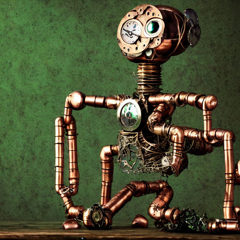 Steampunk-style robotic figure with brass pipes and clockwork parts on green textured background