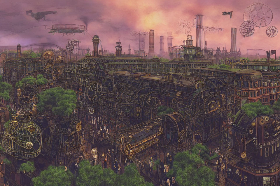 Intricate steampunk cityscape with airships and Ferris wheel at sunset