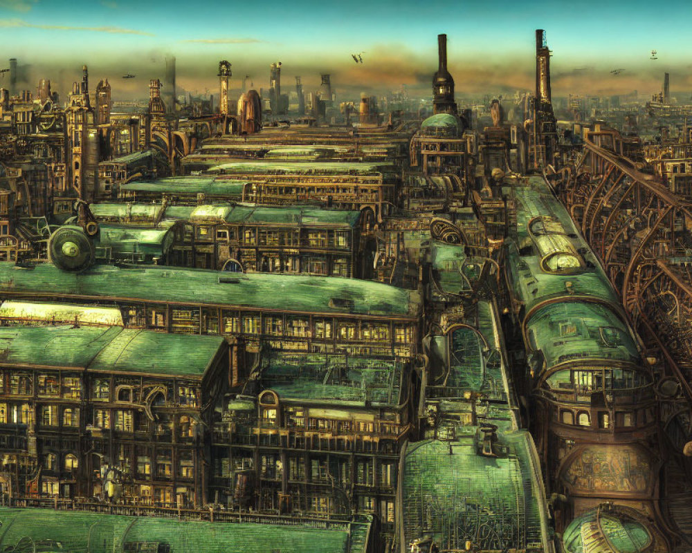 Detailed Steampunk Cityscape with Industrial Structures and Cogwheels