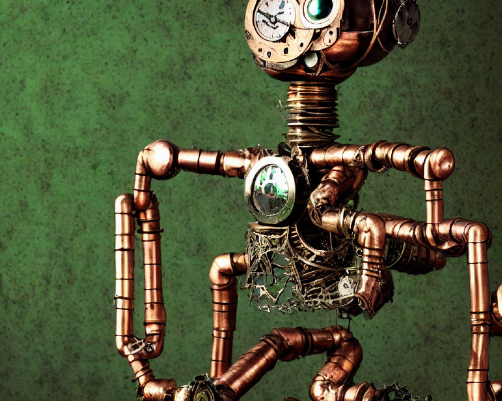 Steampunk-style robotic figure with brass pipes and clockwork parts on green textured background