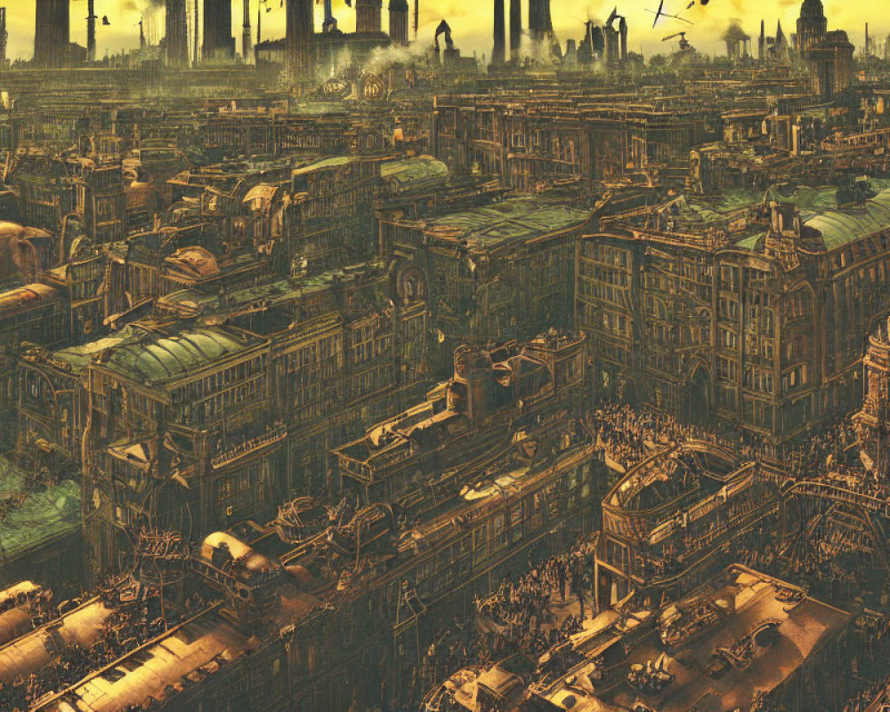 Dystopian steampunk cityscape with industrial architecture