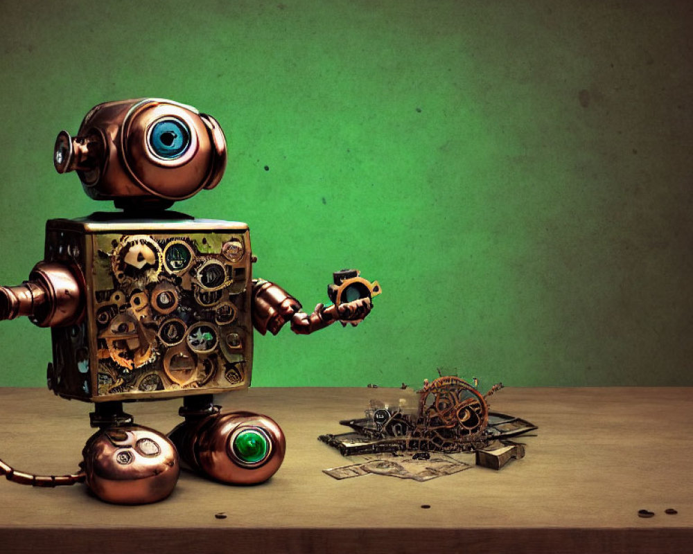 Steampunk style robot with gears and wrench on wooden surface