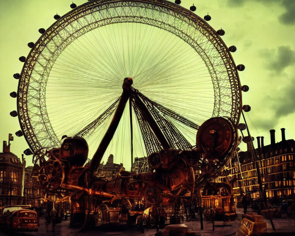 Sepia-Toned Ferris Wheel Against Dramatic Sky