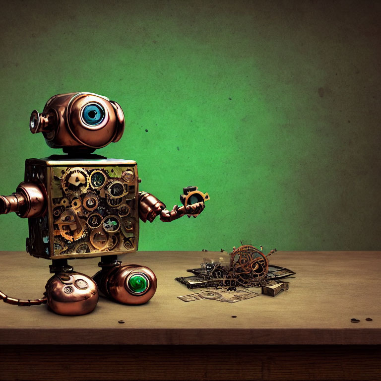 Steampunk style robot with gears and wrench on wooden surface