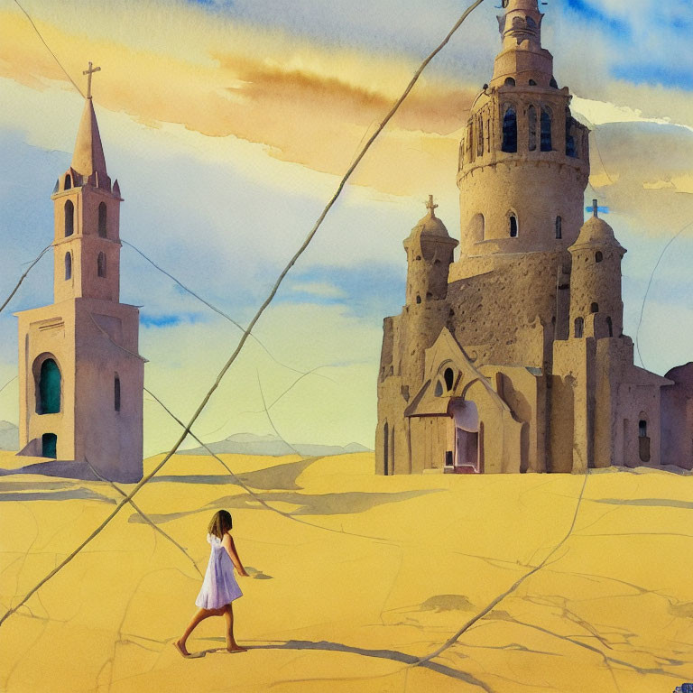 Girl walking towards surreal tower in desert with church and blue sky