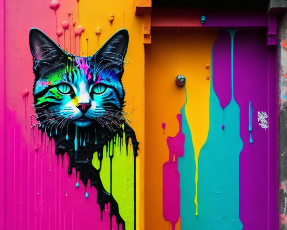 Colorful Cat Face Mural on Brightly Painted Wall