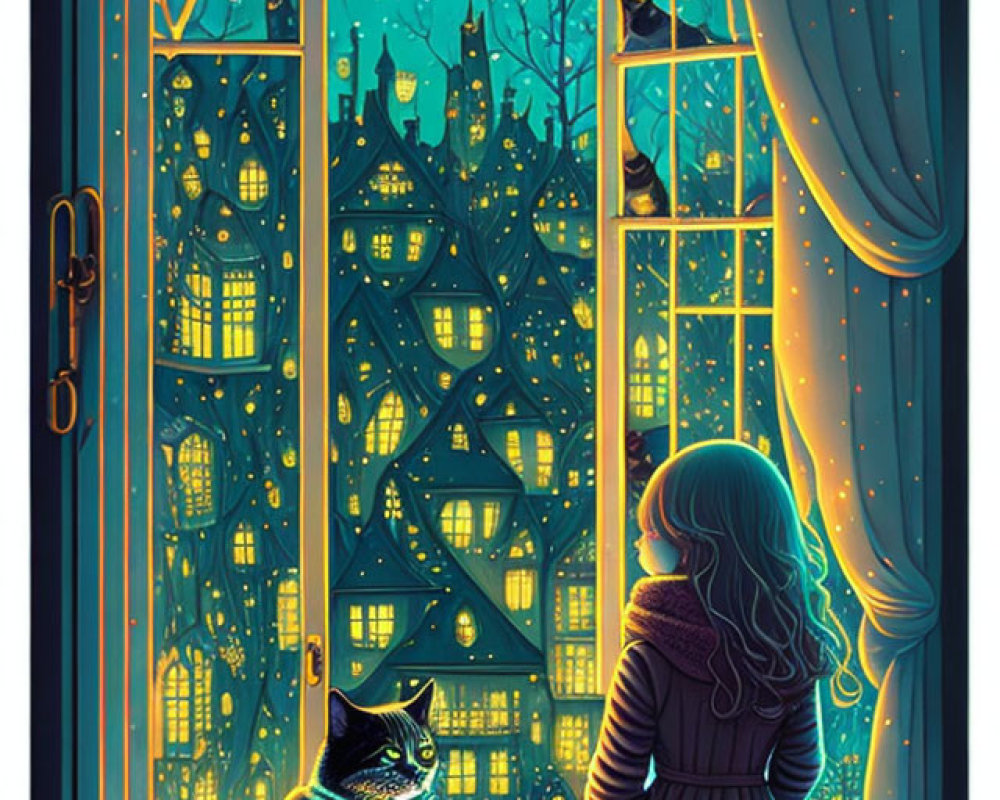Young girl and cat admire moonlit night through window, contrast indoor warmth with cool outdoor colors