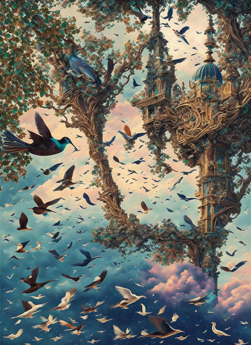 Fantasy tree with baroque turret and birds in dreamy sky