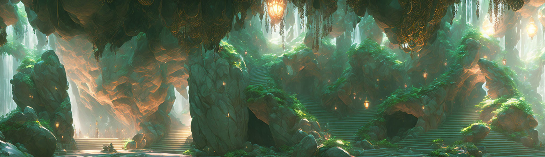 Enchanting forest with luminescent foliage and towering rock formations