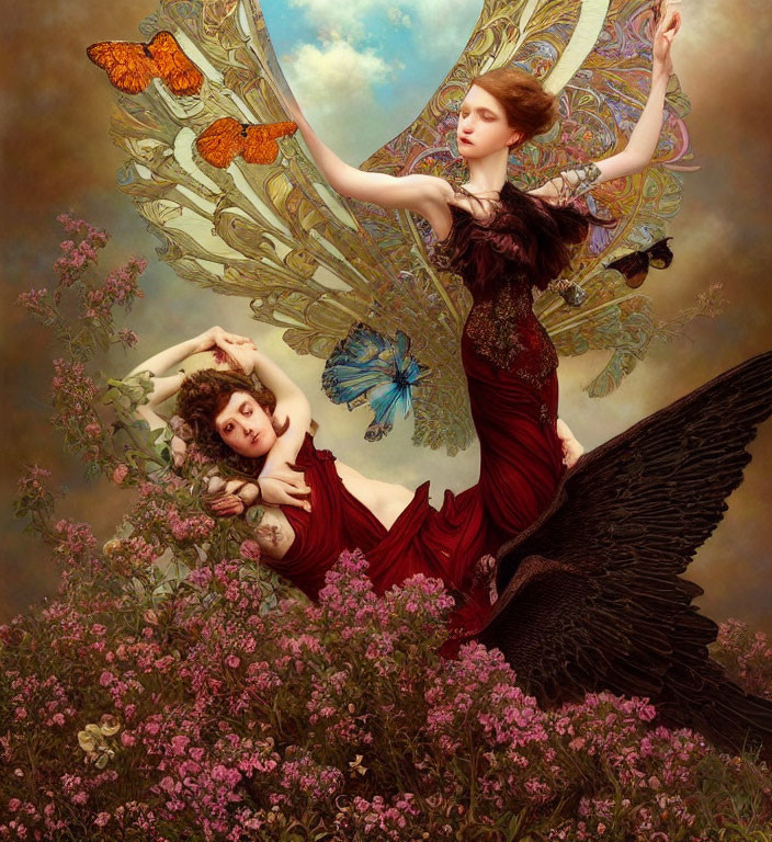 Two Women with Ornate Wings Surrounded by Flowers and Butterflies