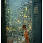 Young girl and cat admire moonlit night through window, contrast indoor warmth with cool outdoor colors